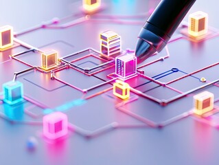 A stylus pen hovers over a glowing network of interconnected cubes and circuits, representing digital data flow and technological connections.