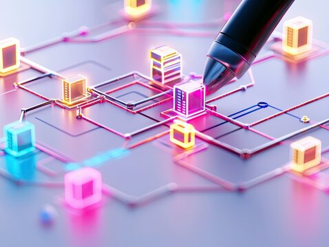 A stylus pen hovers over a glowing network of interconnected cubes and circuits, representing digital data flow and technological connections.