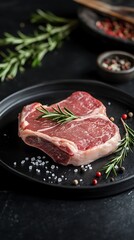 Fototapeta premium Raw prime beef steak cuts with fresh rosemary and sea salt, ready for grilling or cooking on a black elegant platter.