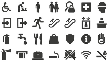 Collection of various hotel and travel related icons on a white background