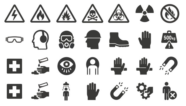 Collection of black icons depicting safety symbols and protective gear on a white background
