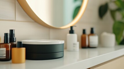 Minimalist bathroom counter with various beauty and skincare products, modern self-care setup