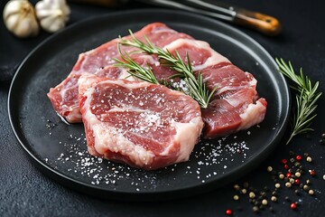 Fototapeta premium Raw prime beef steaks with sea salt and fresh rosemary, perfect for grilling or cooking, on a stylish black plate.