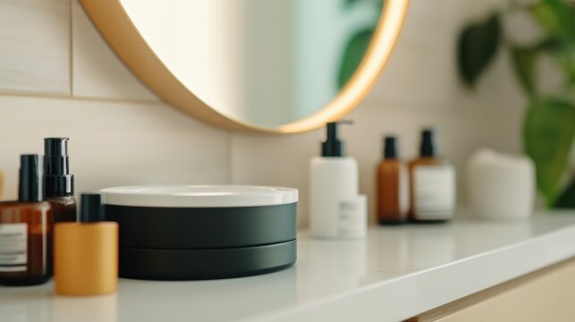 Minimalist bathroom counter with various beauty and skincare products, modern self-care setup