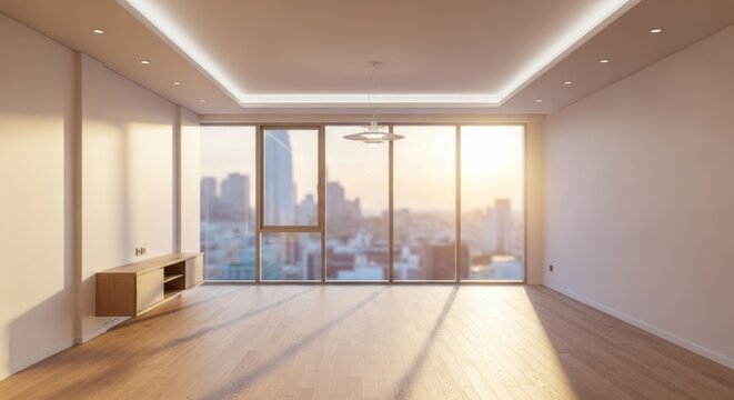 Empty modern apartment room with large floor-to-ceiling windows overlooking metropolitan city skyline sunset, for new beginnings, real estate investment, contemporary urban living space