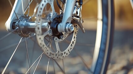 Close-up of modern bicycle front wheel with hydraulic disc brake and shiny metal components on a blurred outdoor background.