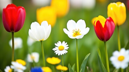 Fototapeta premium Vibrant Spring Tulips and Wildflowers Blooming in a Green Meadow