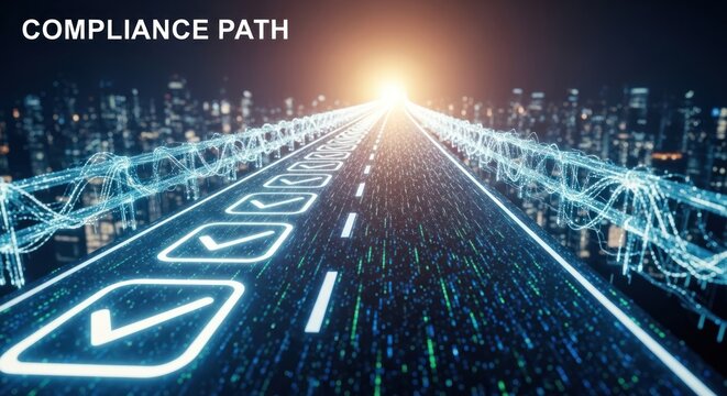 Futuristic digital compliance path with glowing checklist markings on data highway leading toward bright city lights, for successful regulation achievement