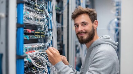 IT professional focused on his task: A skilled IT professional meticulously manages network cables within a server room.