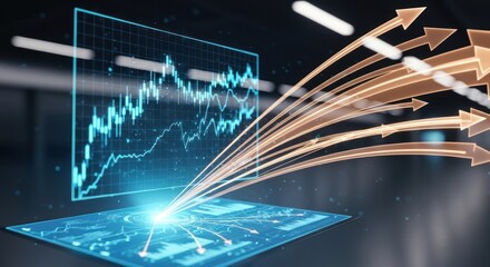 Futuristic holographic display for glowing candlestick stock market charts upward trajectory orange arrows for rapid growth data analysis success