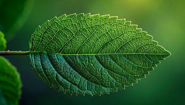Close-up of a vibrant green leaf, showcasing intricate veins and texture