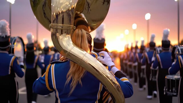 A marching band parades at sunset, with a tuba player in the foreground, showcasing their blue and gold uniforms, concept for school events, musical performances and patriotic celebrations