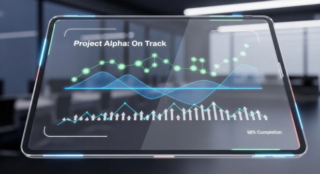 Futuristic transparent tablet with project alpha status report with green node graph chart for ninety eight percent completion, for progress successful management