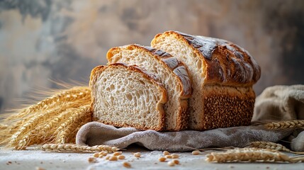 Artisanal bread loaf, freshly baked and sliced, with wheat ears and flour on a rustic surface. wholesome bakery.