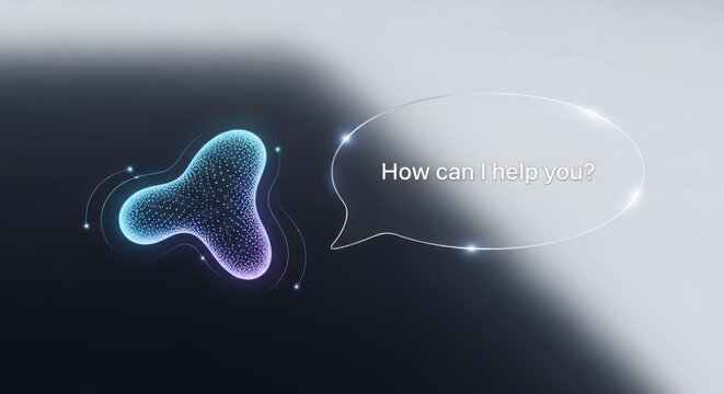 Glowing abstract digital molecule structure emitting light with transparent speech bubble asking "how can i help you", for artificial intelligence assistance futuristic customer support