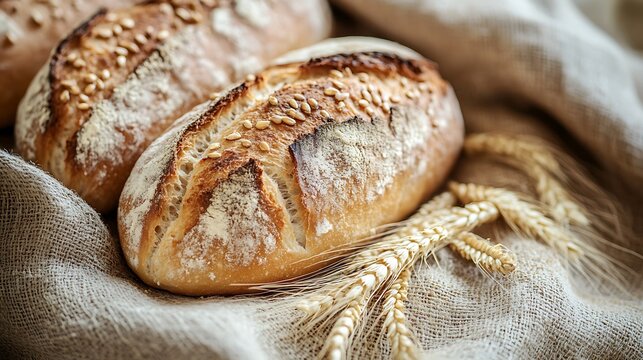 Freshly baked rustic sourdough bread loaves with golden sesame seeds and wheat stalks on natural burlap fabric.