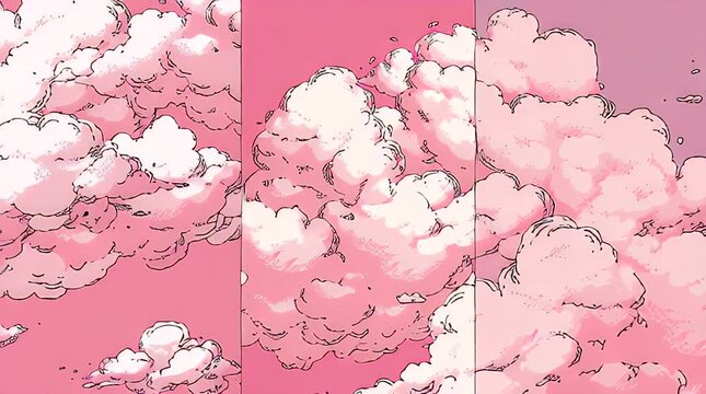 An illustrated sky features pink fluffy clouds against a soft pink backdrop. Lines highlight the clouds, creating a whimsical cartoon-like aesthetic. Vertical sections divide the scene
