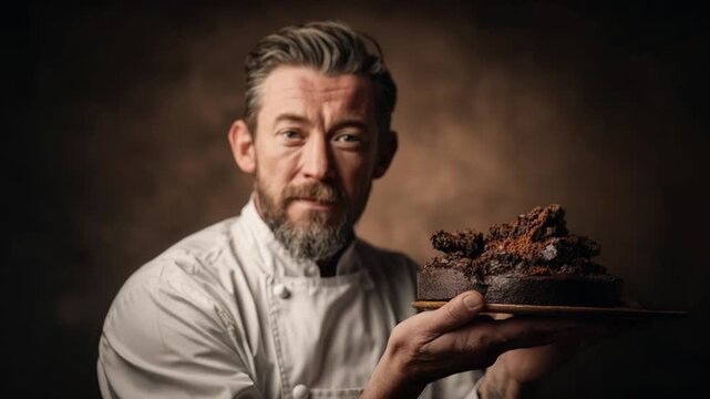 Culinary Maestro: A seasoned chef, radiating culinary mastery, presents a decadent chocolate dessert with artistry, inviting the viewer into a world of exquisite flavors.