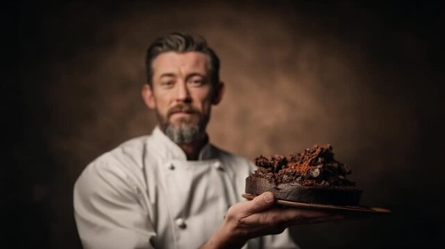 Artisan Baker's Creation: A skilled baker presents a delectable chocolate cake, showcasing culinary expertise. The chef's focused gaze suggests pride and mastery in a gourmet creation.