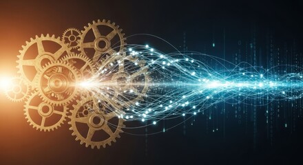 Golden antique mechanical gears transforming bright stream digital data connections light particles for innovation, efficiency, technological progress