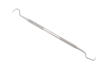 Double-ended dental tool with textured grip handles.