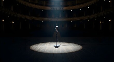 A vintage microphone stands center stage in a dimly lit, empty theater, ready for a performance