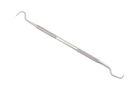 Double-ended dental tool with textured grip handles.