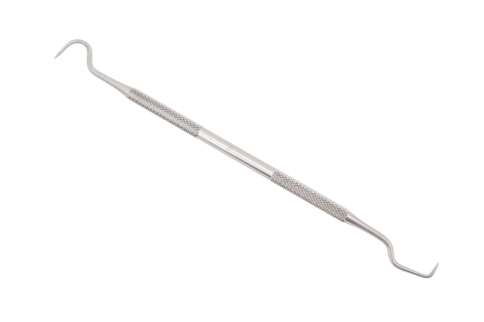 Double-ended dental tool with textured grip handles.