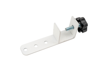 Metal bracket with adjustable knob and bolts on a plain background.