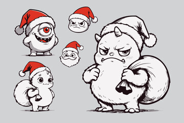 Cute Christmas Monster Characters in Santa Costumes – Hand-Drawn Vector Set