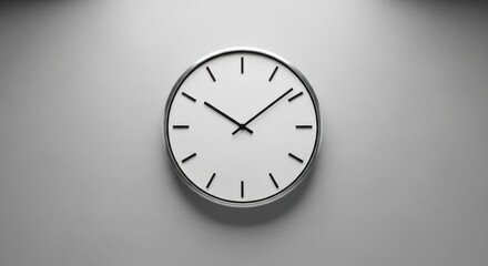 Minimalist modern wall clock with silver frame hanging on textured gray background, for deadline management, punctuality, schedule planning, efficient time organization