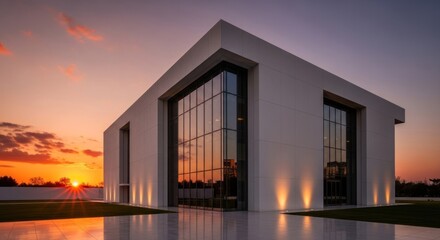Modern minimalist white building exterior with large glass facade reflecting vibrant orange sunset, for contemporary architecture, success, high-end real estate development