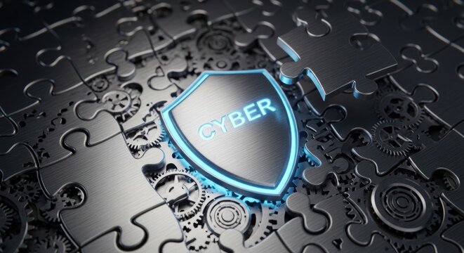 Metal cyber security shield with glowing blue light centered on interlocking dark puzzle pieces intricate mechanical gears, for digital protection system integrity
