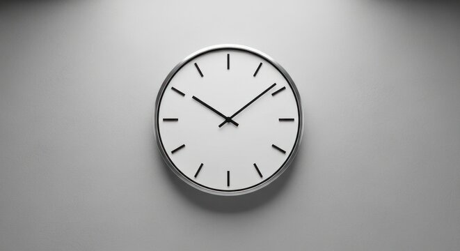 Minimalist modern wall clock with silver frame hanging on textured gray background, for deadline management, punctuality, schedule planning, efficient time organization