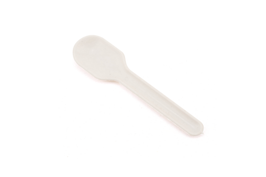Close-up of a small white plastic spoon on a plain background.
