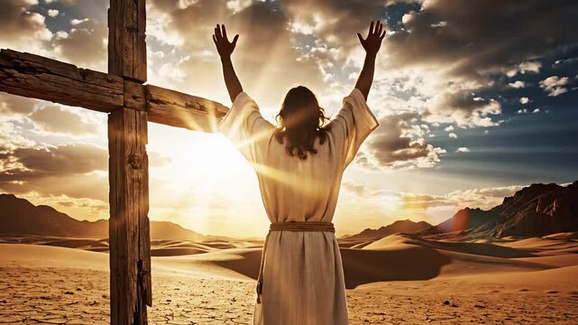 A symbolic portrayal of faith and spiritual surrender with a cross in the desert landscape.