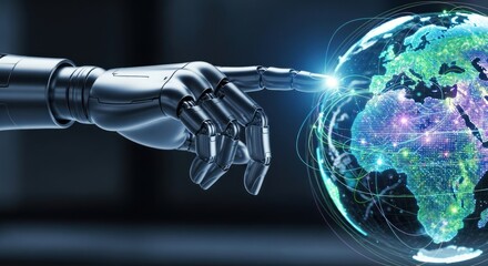 Robotic hand touching glowing digital earth globe with connectivity lines, for global technology, artificial intelligence integration, worldwide network connection