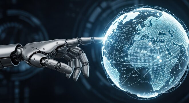 Robotic hand touching glowing digital representation earth with interconnected global data lines, for future technology, worldwide communication, artificial intelligence integration