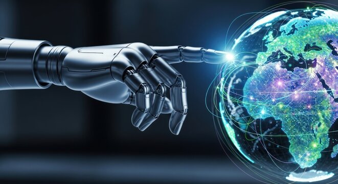 Robotic hand touching glowing digital earth globe with connectivity lines, for global technology, artificial intelligence integration, worldwide network connection