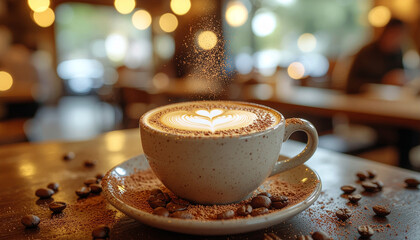 Creamy coffee cup with latte art topped with nutmeg dust, food detail in cozy cafe setting, warm bokeh lights create inviting mood