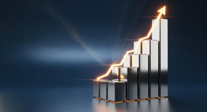 Three dimensional metallic chart with glowing orange arrow line for steady upward trend progressive growth trajectory, for successful business development rising achievement