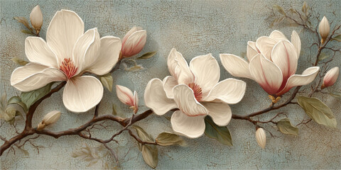 Delicate magnolia blossoms on a branch with subtle textured background © DARK TRUST
