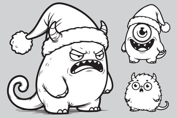 Cute Christmas Monster Characters in Santa Costumes – Hand-Drawn Vector Set