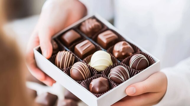 Hands offering a box of assorted chocolates, sweet gift for special occasions