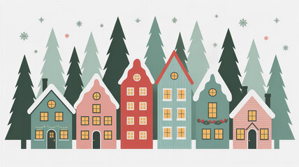 A cartoon vector illustration of a peaceful winter village scene with snow-covered houses, trees, and architecture under the night sky, perfect for a Christmas holiday decoration design