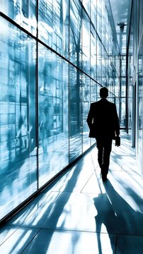 Businessman Walking Down a Bright Hallway