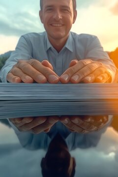 Smiling Man Hands on Stack of Papers