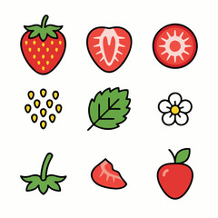 Cute Strawberry Icon Set &ndash; Fruit Slice, Seeds, Leaf, Flower, Cute Berry Illustration