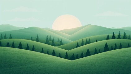 Lush green rolling hills with pine trees under warm sunrise