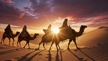Silhouette of desert caravan with camels traversing sand dunes at sunset under a dramatic sky, concept for travel adventure, cultural heritage exploration and historical documentary